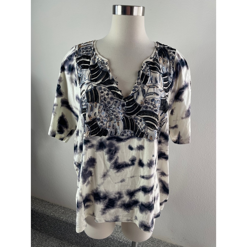 NEW Anthropologie Tiny Womens XL Blue Motif Sequin Top Tie Dye Embellished Shirt